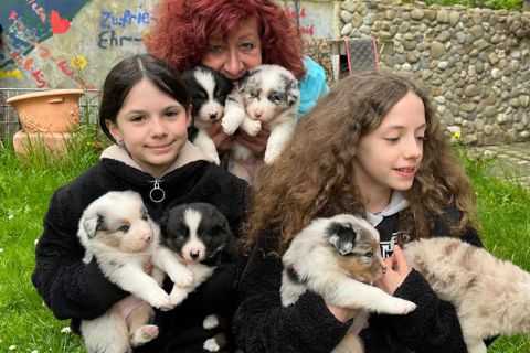 Birgit Hoch und zwei Kinder haben viele der Hundebabys im Arm